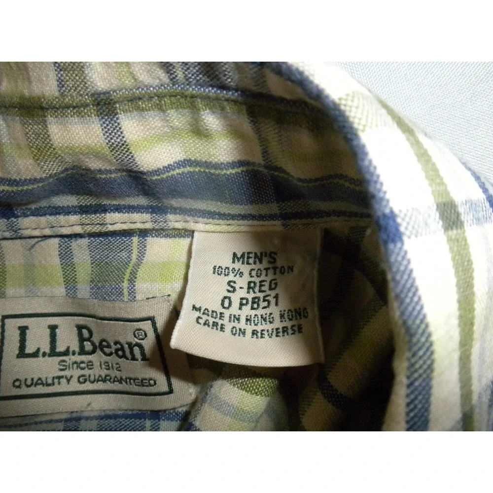 L.L. Bean‎ Shirt Mens S Green Blue Plaid Button Up Short Sleeve Camp Outdoor